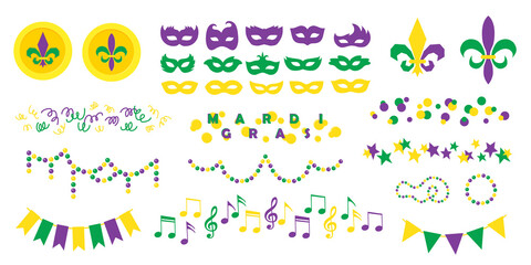 Mardi Gras carnival set of flat icons, separate festive elements for festival, masquerade. Masks, patterns, symbol and sign fleur de lis. Shrove Tuesday, Fat Tuesday, celebration and march parade. - obrazy, fototapety, plakaty
