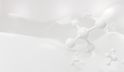 Realistic molecules background. Science illustration of a cream molecule. Hyaluronic acid skin solutions advertising, collagen serum drop with cosmetic advertising background. 3d rendering.
