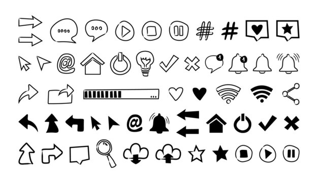 Set of icons for social networks. Hand drawn social media doodles. Collection of black simple elements for sites, web interface, applications. Vector doodle elements isolated on white background.