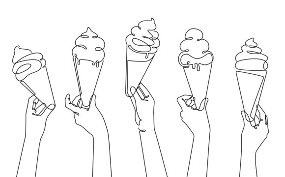 Set Of Conical Ice Cream In Hands. Abstract Background With Sweets. Continuous Line Drawing.
Vector Illustration.