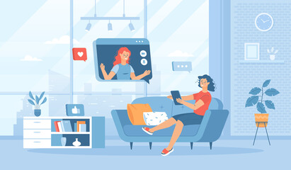 Online friends meeting. Social connection, video call, chatting, zoom conference. Flat cartoon vector illustration with people characters for banner, website design.