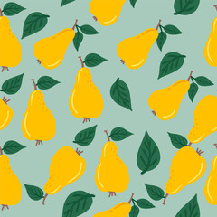 Pear fruit seamless pattern. Pear with leaf hand drawn repeated backdrop. Whole fruit and cut half. Food template for background, textile, wrapping paper, wallpaper