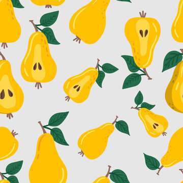 Pear fruit seamless pattern. Pear with leaf hand drawn repeated backdrop. Whole fruit and cut half. Food template for background, textile, wrapping paper, wallpaper