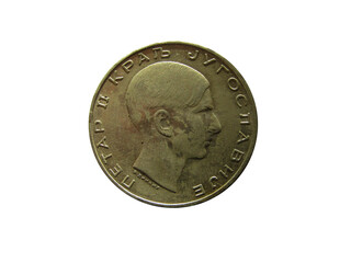 Obverse of Yugoslavia coin 50 dinara 1938 with inscription meaning PETAR II THE KING OF YUGOSLAVIA. 