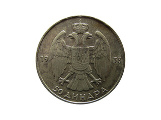 Obverse of Yugoslavia coin 50 dinara 1938 with inscription meaning 50 DINARS. 