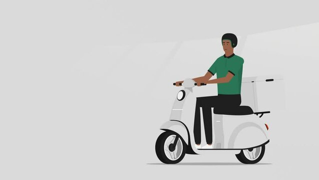animacion de un repartidor de comida en su moto trasporte, camino a entregar pedido