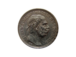 Obverse of Hungary coin 1 korona 1915 with inscription meaning FRANZ JOSEPH I D.G. EMPEROR OF...