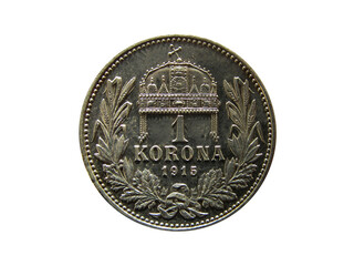 Obverse of Hungary coin 1 korona 1915. Isolated in white background. 