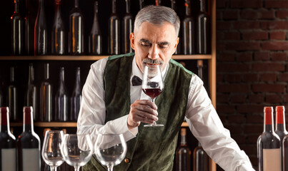 Sommelier with a glass of wine. Examination of wine products. Restaurant staff, expert wine steward among shelves of wine bottles. Stylish middle-aged man with a grey beard