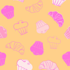 Croissant, cupcake vector pattern. Yellow background. Pink palette. Pastry menu. Bakery logo.