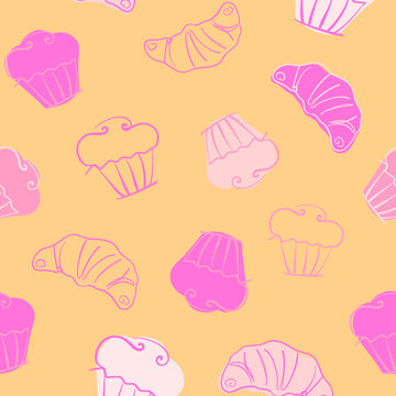 Croissant, Cupcake Vector Pattern. Yellow Background. Pink Palette. Pastry Menu. Bakery Logo.