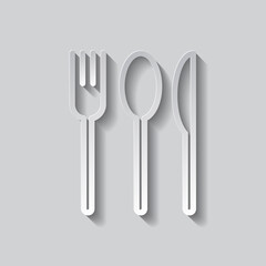 Fork spoon knife simple icon. Flat design. Paper style with shadow. Gray background.ai