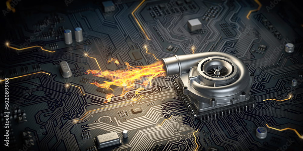 Poster CPU microchip turbocharger with fire flame on computer motherboard. Processor overclocking concept background.