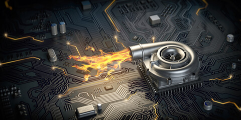 CPU microchip turbocharger with fire flame on computer motherboard. Processor overclocking concept background.