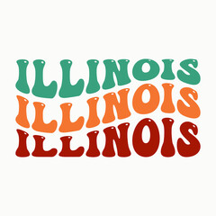 Wavy Illinois, USA Lettering Design. Retro Waves Illustration Vector Design. Hippie Clip art Stacked Text Boho.