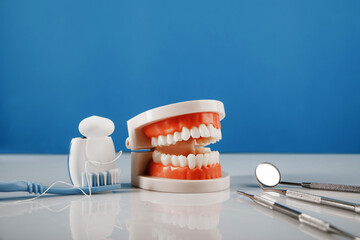 Plastic jaw with toothbrush, dental floss and dentist tools. Oral hygiene concept