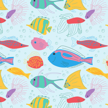 Modern seamless pattern with yellow, red and blue fish on a yellow background. Vector drawing. Cute colorful background.