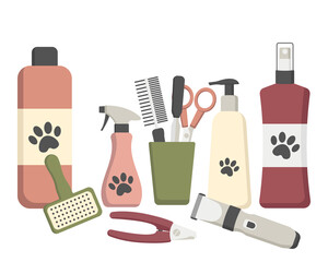 Pet care concept. Pet grooming tools set. Flat design.