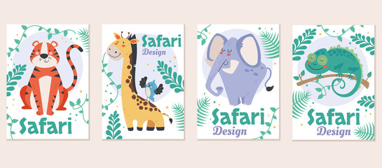 Safari animal jungle greeting cards template print concept. Vector flat graphic design element
