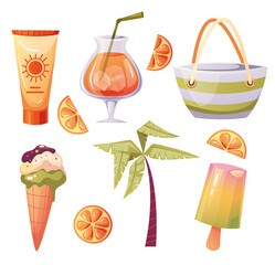 Summer tourism sea beach resort stuff objects isolated collection set. Vector flat graphic design element