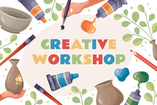 Hobby craft painting pottery banner poster template concept. Vector flat graphic design element