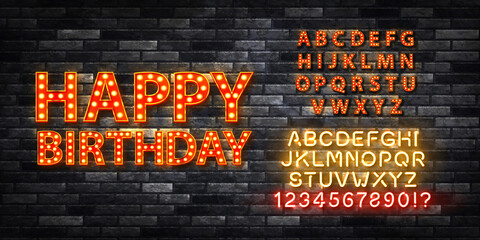 Vector realistic isolated marquee neon sign of Happy Birthday with easy to change color alphabet font on the wall background.