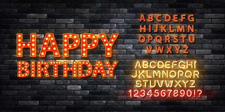 Vector Realistic Isolated Marquee Neon Sign Of Happy Birthday With Easy To Change Color Alphabet Font On The Wall Background.