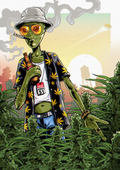 Alien drinking beer in a field of marijuana