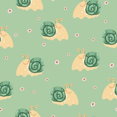 Seamless vector pattern with cute hand drawn snail and daisy flowers. Kawaii animal background for kids room decor, nursery art, apparel, gift, fabric, textile, wrapping paper, wallpaper, packaging.