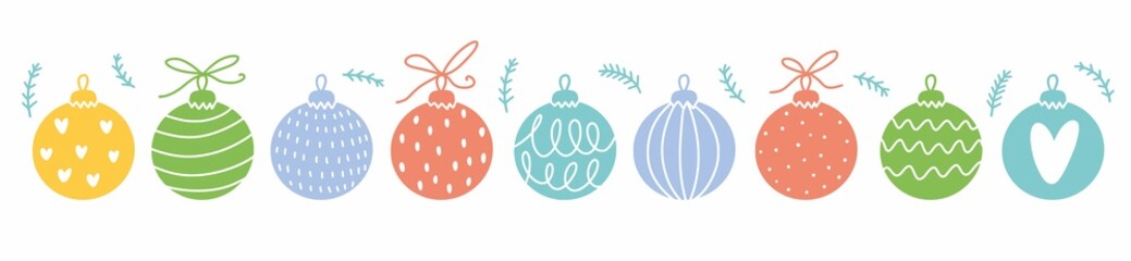 Horizontal Christmas illustration with Christmas decorations balls on the Christmas tree