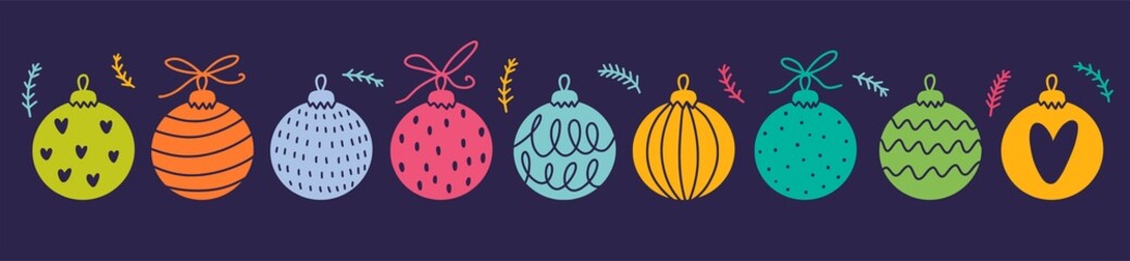 Horizontal Christmas illustration with Christmas decorations balls on the Christmas tree