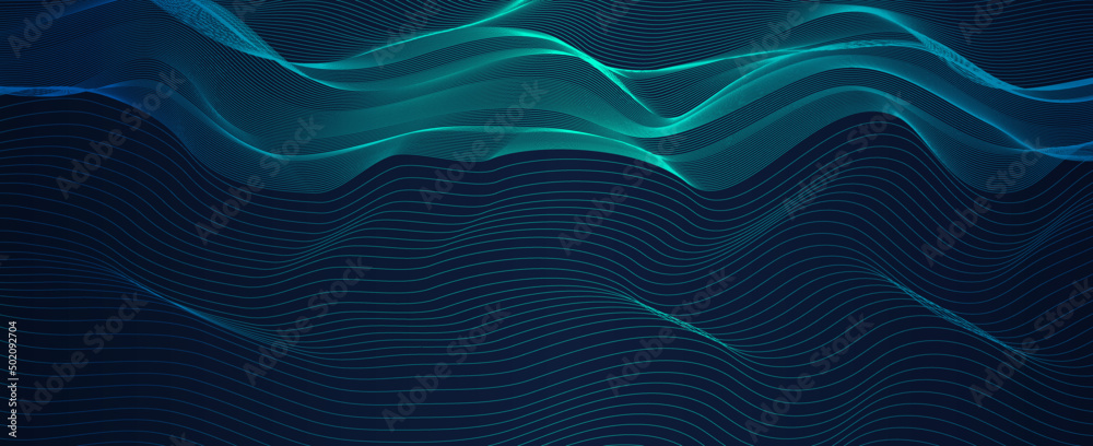 Poster Vector wave lines dynamic in blue green color light flowing on black background for concept of music, sound, technology