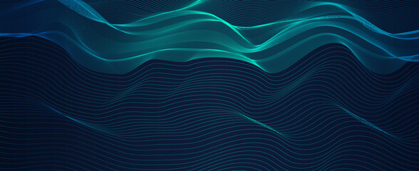Vector wave lines dynamic in blue green color light flowing on black background for concept of music, sound, technology