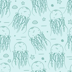 Ocean seamless vector pattern with jellyfishes, stars, clams and sea shells. Line objects. Cute hand drawn doodle background for wrapping paper, textile, print, fabric, wallpaper, gift, packaging.