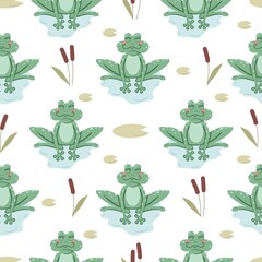 Seamless vector pattern with cute hand drawn frog in the pond. Kawaii animal illustration. Fun summer background for kids room decor, nursery art, wrapping paper, fabric, gift, textile, wallpaper.