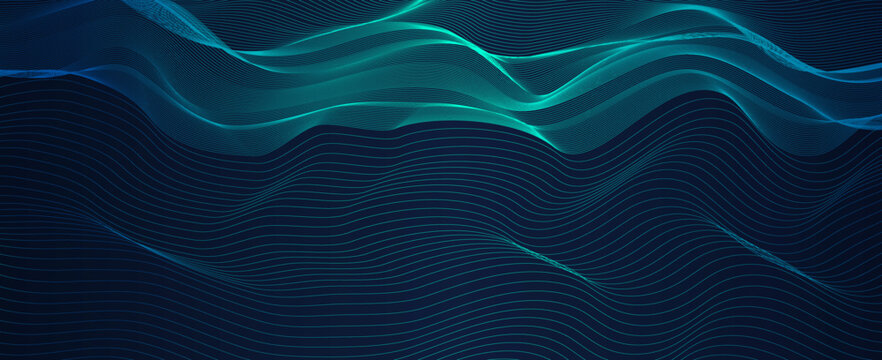 Vector wave lines dynamic in blue green color light flowing on black background for concept of music, sound, technology © Olga Tsikarishvili
