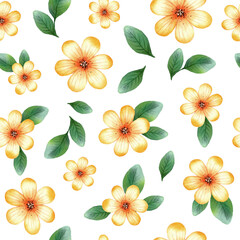 Watercolor summer floral seamless pattern. Yellow flower with greenery. Garden blossom arrangement. Botanical clipart. Design element. Isolated on white background.