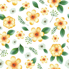 Watercolor summer floral seamless pattern. Yellow flower with greenery. Garden blossom arrangement. Botanical clipart. Design element. Isolated on white background.