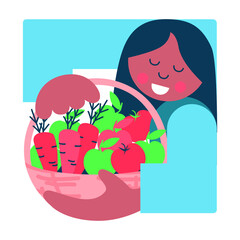 Happy Girl Holding Basket Full of Vegetables and Fruits. Autumn harvest. Healthy eating and fresh food. Simple geometric sketch vector illustration.