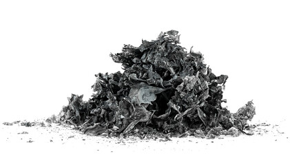 Heap of ash isolated on a white background. Charred paper scraps.