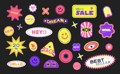 Collection of various patches, labels, tags, stickers, stamps for shopping. Black Friday, discounts, new collection. Vector set, trendy promo labels