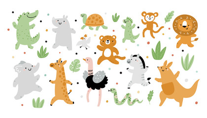 Baby exotic animal collection. Giraffe, zebra, monkey, kangaroo, tiger, lion, lizard, parrot, turtle, elephant vector cartoon illustration. Childish animals characters set isolated on white background