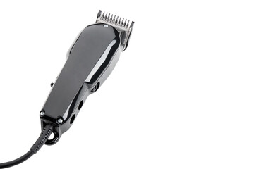 Hair clipper. Professional barber hair clipper for Men haircut. Hairdresser salon equipment. Premium hairdressing Accessories. Corded electric black hair clipper isolated on white background. - obrazy, fototapety, plakaty