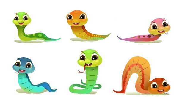 Set of cheerful baby snake. Cartoon style illustration. Cute childish character. Isolated on white background. Vector