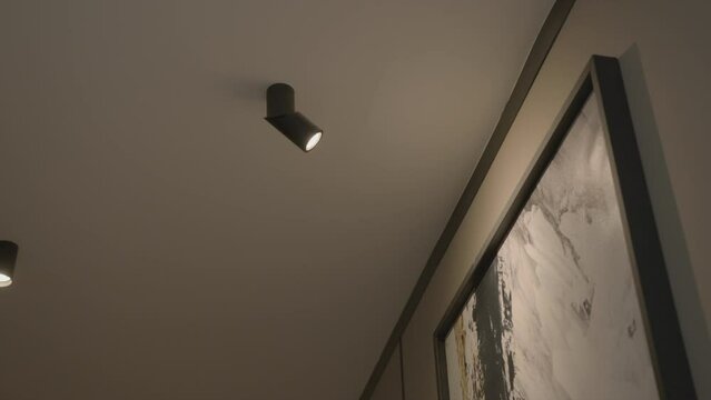 Bottom view of the ceiling with lamps inside the corridor of an apartment. Stock footage. Interior of a flat with paintings on walls.