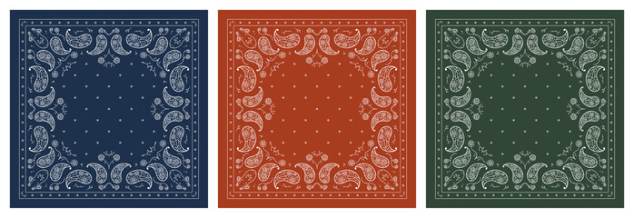 Set of Paisley Bandana Prints. Vector White Floral Ornament Pattern on Square Dark Green, Navy Blue and Brick Red Colors with Peony Flowers and Small Bluebells. Silk Neck Scarf, Headscarf, Kerchief