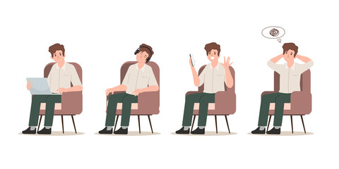 Businessman in office worker and sitting character pose set. Flat cartoon people design.