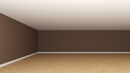 Empty Interior Corner without Furniture, Frontal View. Room Concept with Dark Brown Walls, White Ceiling, Wooden Parquet Floor and a White Plinth. 3d illustration, 8K Ultra HD, 7680x4320, 300 dpi