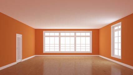 Beautiful Empty Room with Orange Walls, Light Parquet Floor, Large Full Wall Window, a White Door and a Window Opposite, Interior Concept. 3D render with a Work Path on Windows. 8K Ultra HD 7680x4320
