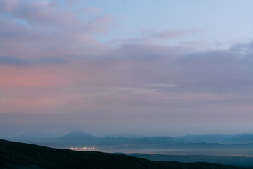 Vilyuchinsky volcano in Kamchatka from the far distance in the evening